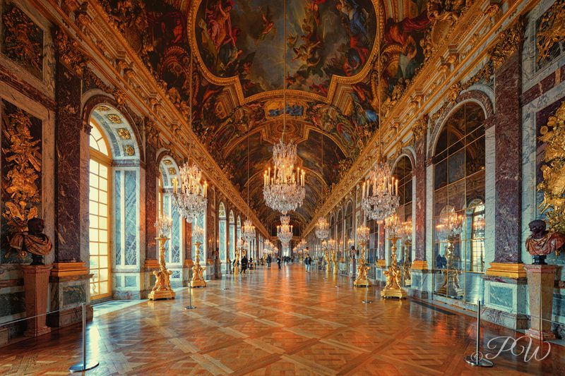 The chandeliers, mirrors and painted ceiling of the Hall of Mirrors