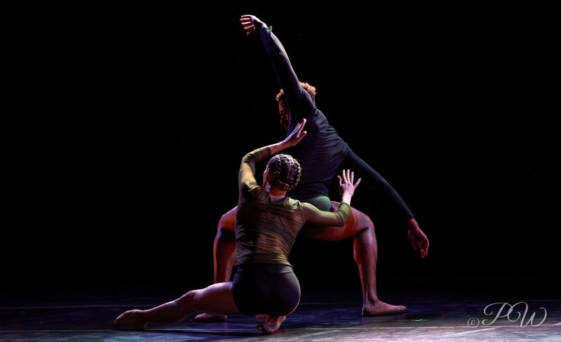 Two dancers in a dramatic lift on a dark stage