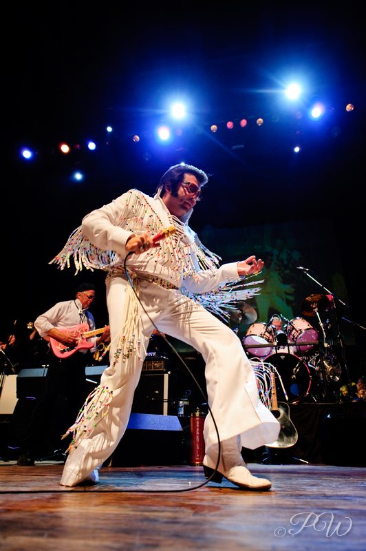 Steve Davis, an Elvis tribute artist, in a white fringed jumpsuit performing under blue stage lights