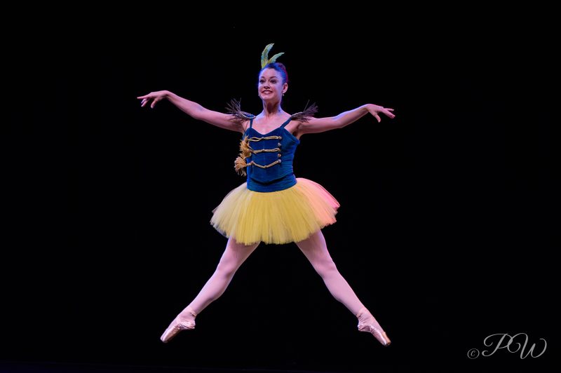 A ballerina in a yellow tutu leaps with arms spread against black