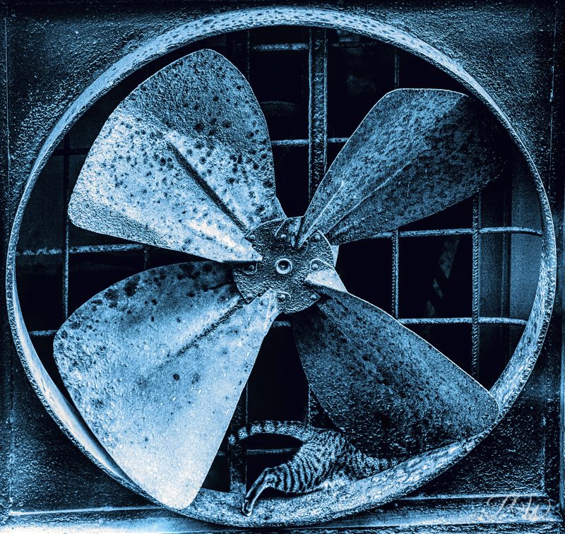 A large old metal fan behind a grille, toned blue