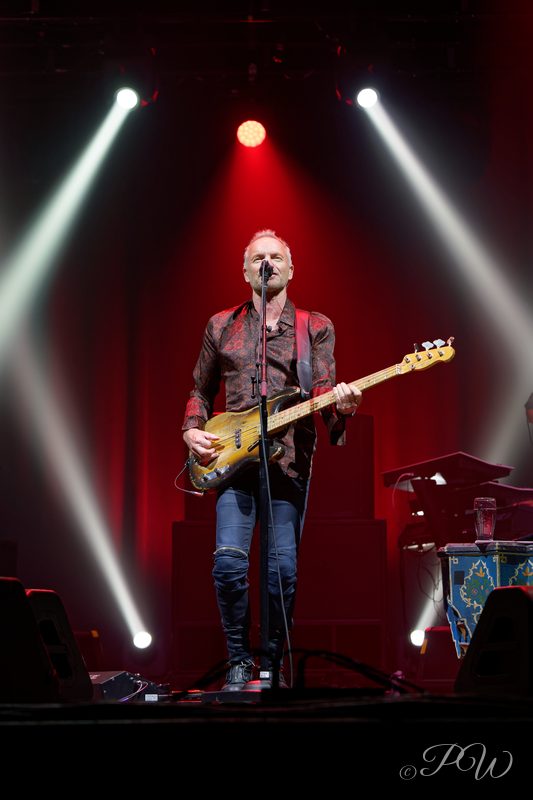 A singer with an electric guitar on a red-lit stage between two white spotlight beams