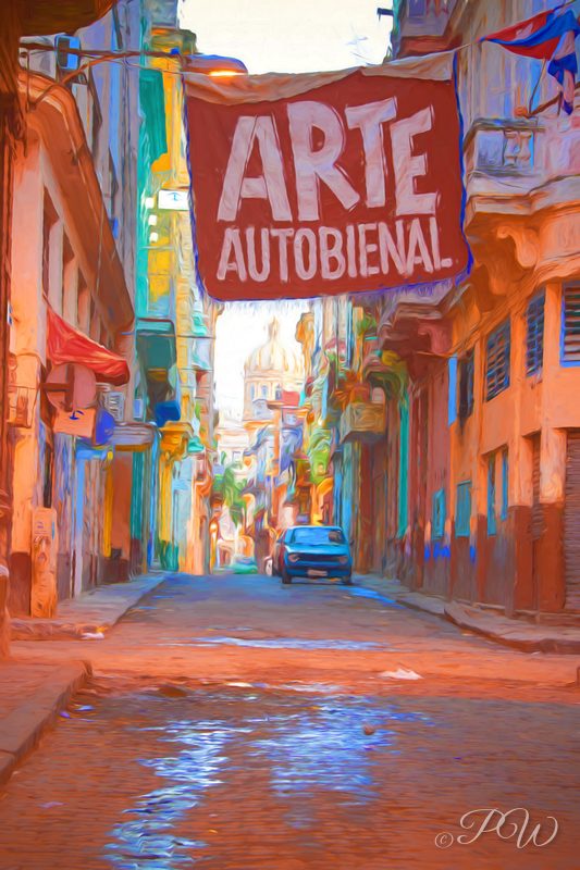 A narrow street of colourful buildings under a red "Arte Autobienal" banner