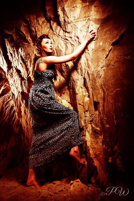 A model in a long patterned dress posing against a textured rock wall