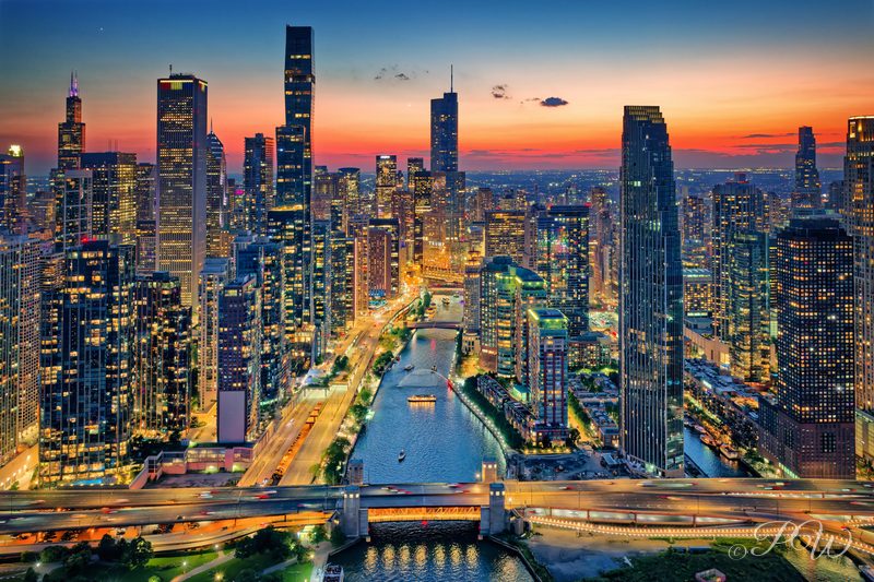 Chicago River and Skyline at Twilight