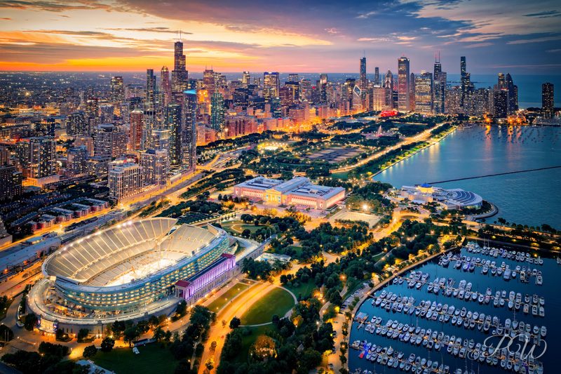 Chicago Skyline at Sunset with Soldier Field