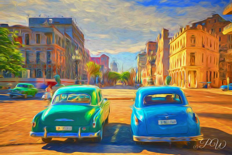 Two turquoise and blue vintage cars on Paseo del Prado, painted-style colours